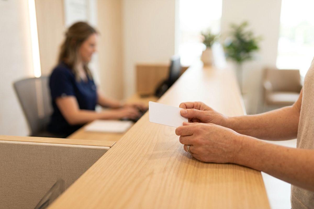 Adult holding a card at a clinic reception desk while a receptionist types at a computer in the background.