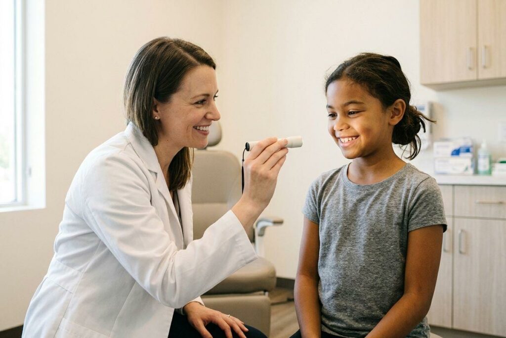 An optometrist holding a small handheld light as a child gets a children's eye exam.